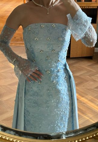 Elegant Blue Strapless Satin Beaded Long Party Dress Birthday Evening Gown D1923