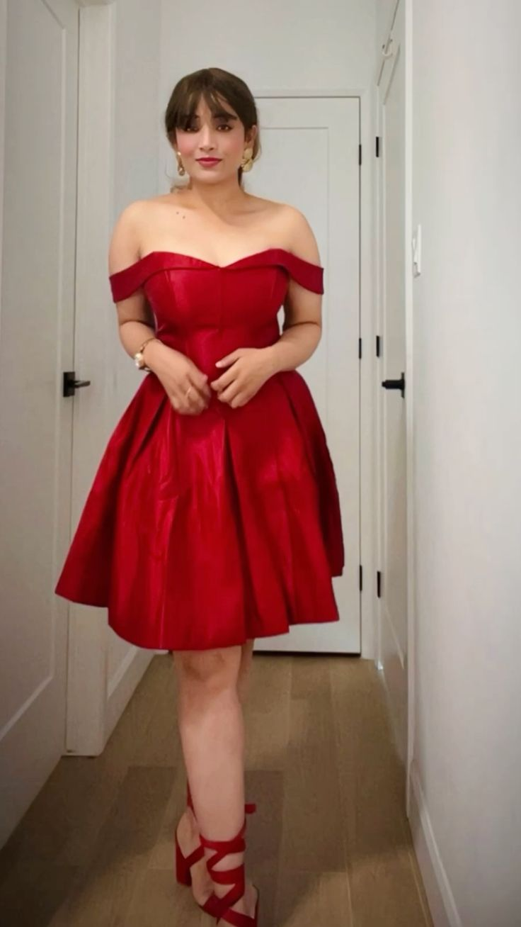 Fashion Red Off The Shoulder Satin A Line Short Cocktail Dress Homecoming Dress D3038