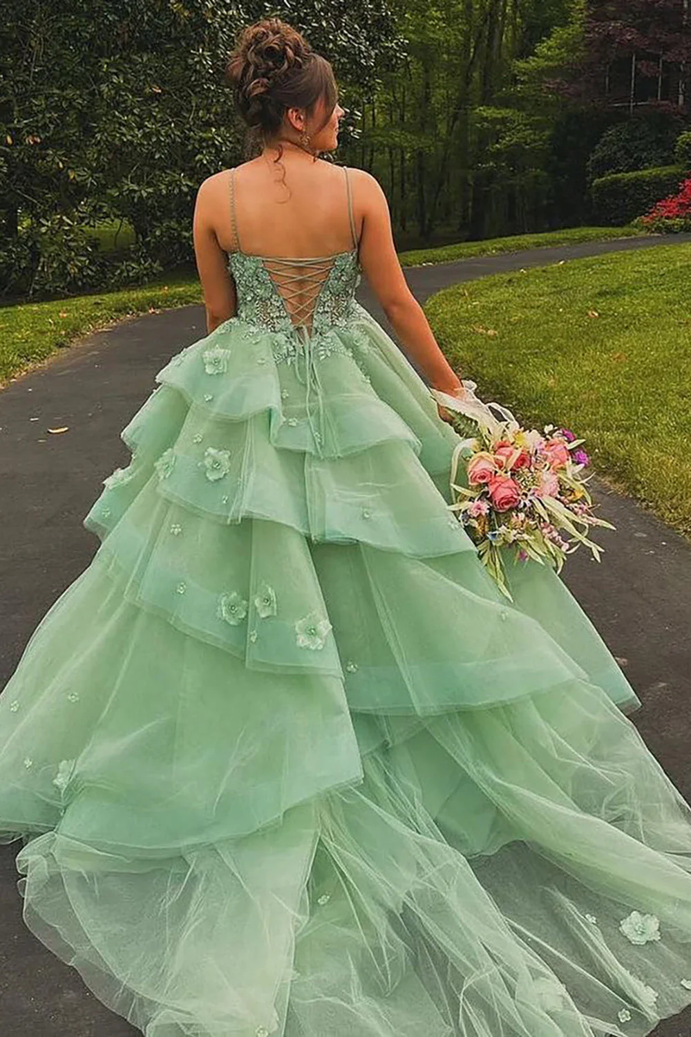 Charming Light Green Tulle Appliques Long Evening Dress Birthday Party Dress D1190