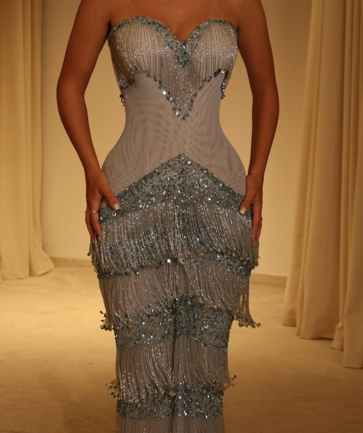 Classy Blue Sweetheart Neck Satin Beaded Tassel Mermaid Long Party Dress Prom Dresses D4472