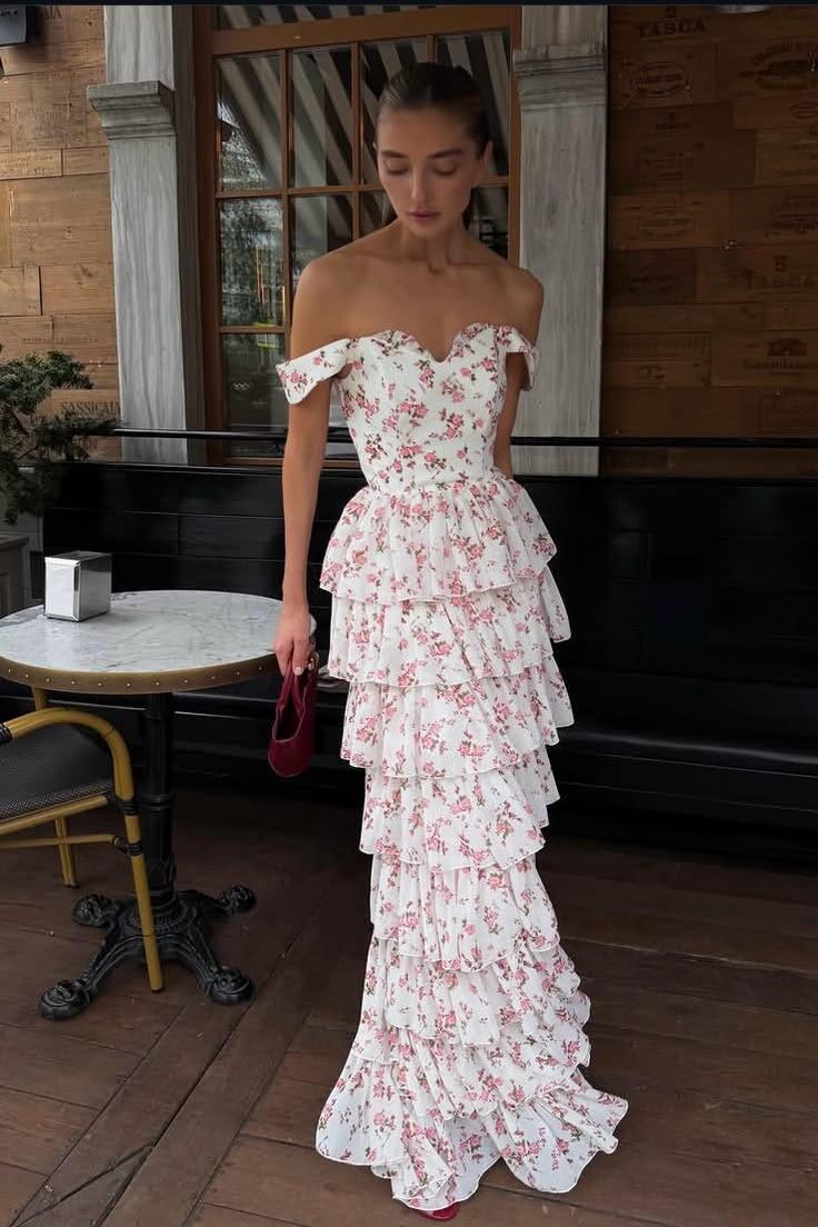 Elegant Off The Shoulder Chiffon Floral Ruffle Layered Long Party Dress Pink Long Evening Dress D5052