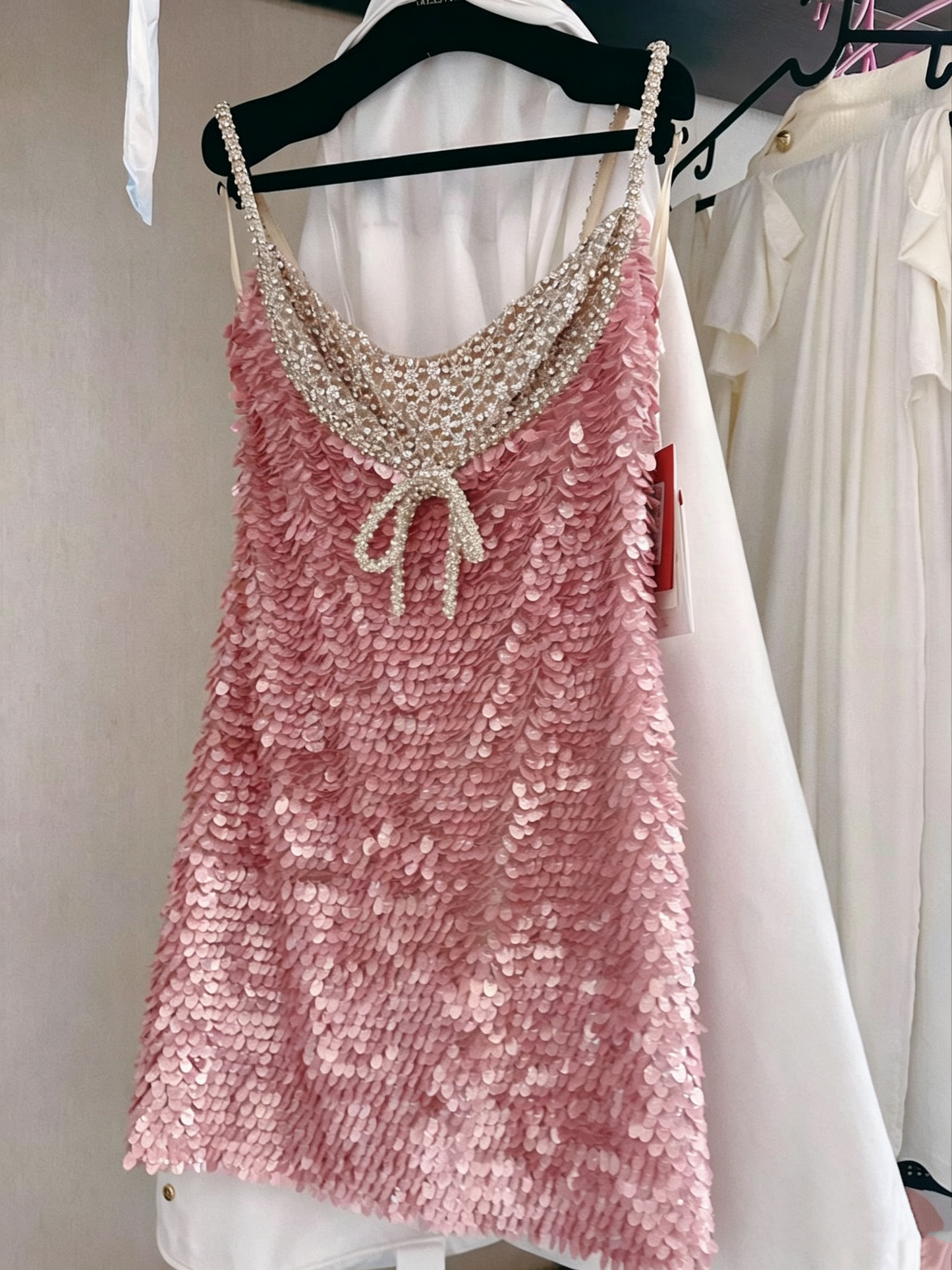 Pretty Pink Spaghetti Straps Sequin Beaded Short Homecoming Dress Cocktail Dress D3286