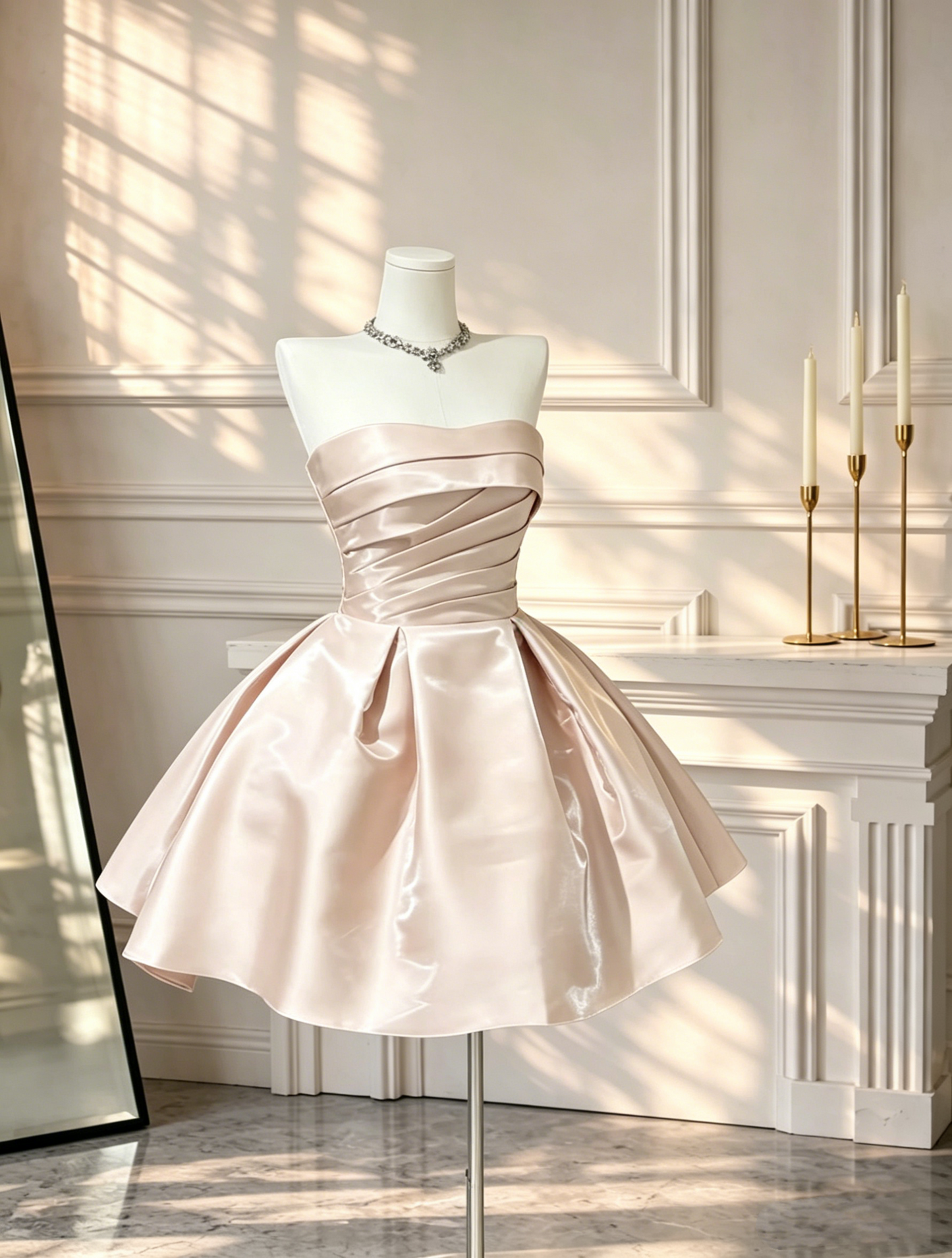 Fashion Pink Short Cocktail Dress Strapless Satin A Line Mini 6th Grade Homecoming Dress D2670