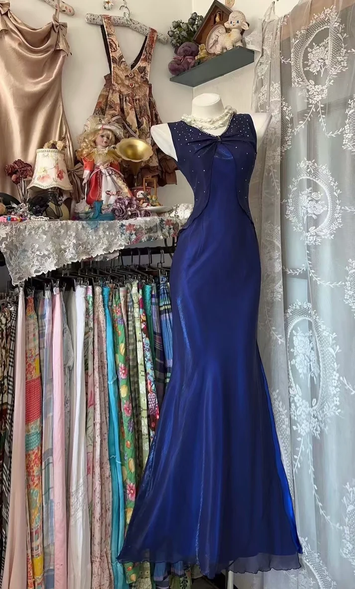 Elegant Royal Blue V Neck Satin Chiffon Beaded Mermaid Prom Dress Long Party Gown D1124