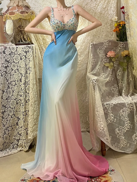 Unique Spaghetti Straps Ombre Chiffon Beaded Mermaid Long Evening Dress Birthday Prom Gown D2140