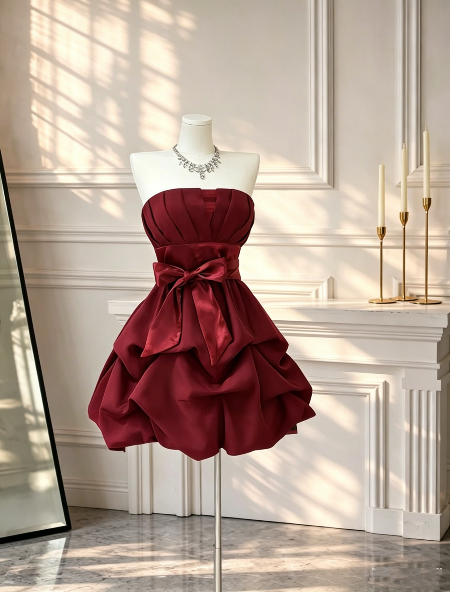 Pretty Red Satin Pleated Short Homecoming Dress Strapless A Line Cocktail Dress D2563