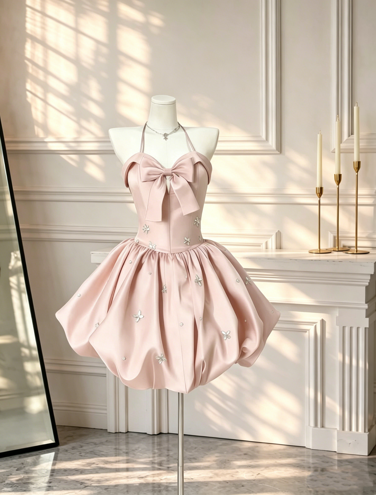 Cute Pink Satin Beaded A Line Short Birthday Outfits Halter Mini Cocktail Dress D2676