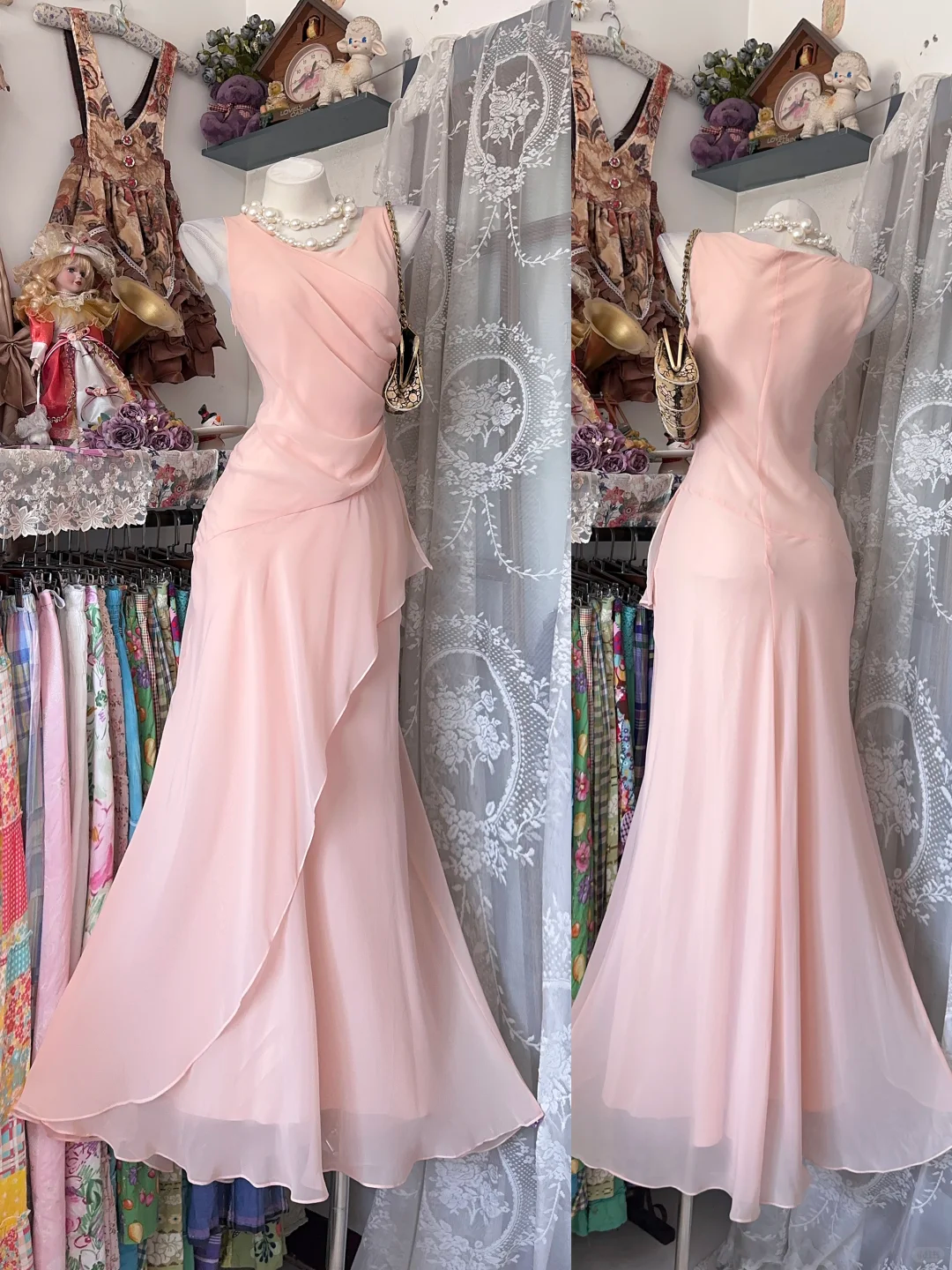 Pretty Pink Sleeveless Chiffon Pleated Mermaid Party Dress Long Wedding Guest Dress D3207