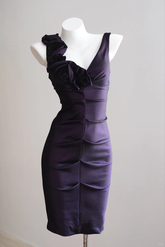 Elegant Sleeveless Satin Sheath Over-the-knee Party Dress Purple Birthday Dress D2722