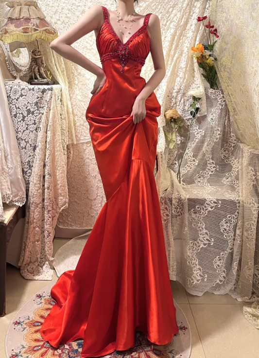 Charming Spaghetti Straps Red V Neck Satin Beaded Party Dress Long Wedding Guest Dress D2057