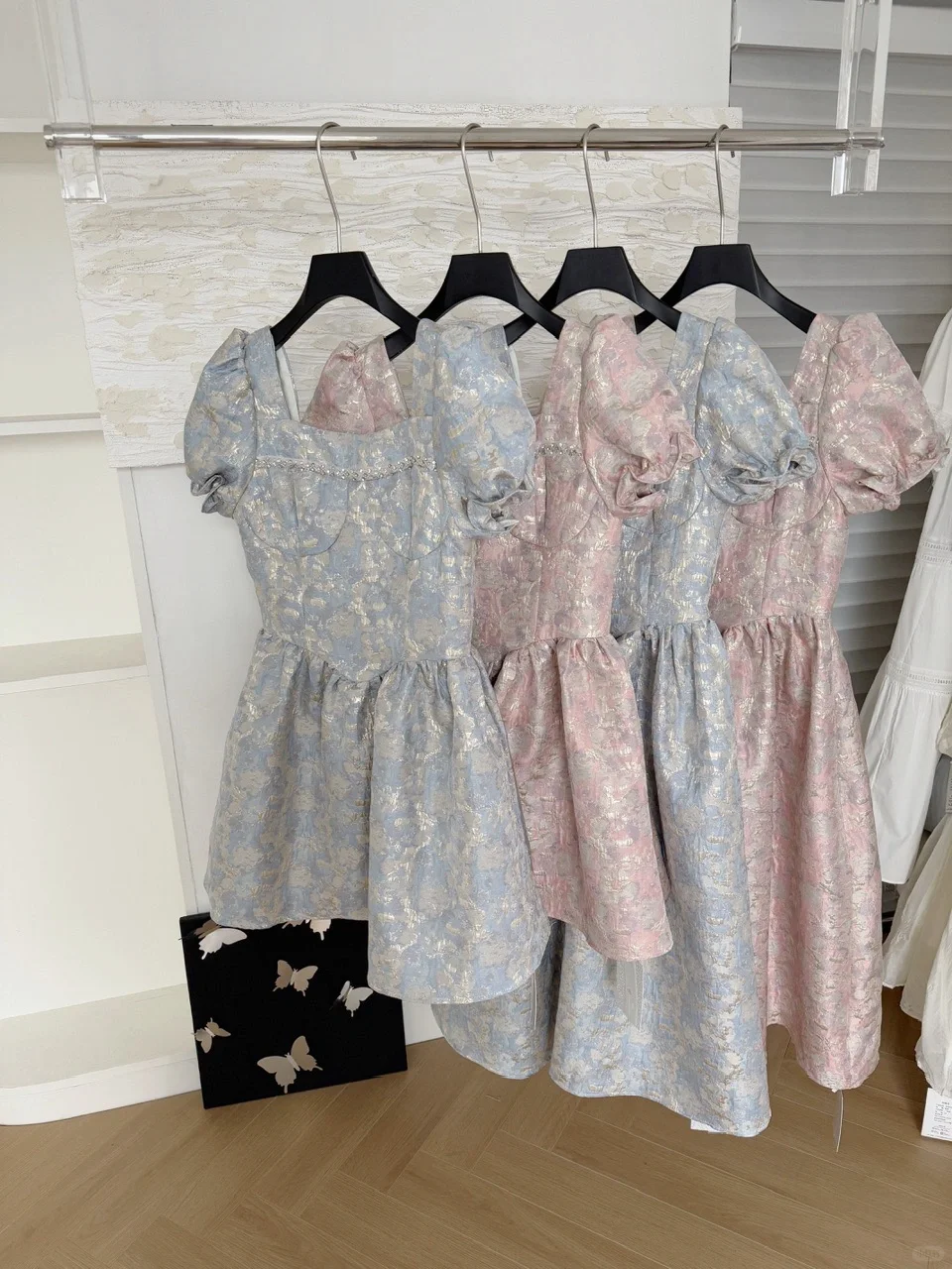 Cute Satin Print Floral Short Sleeves A Line Birthday Outfits Blue Homecoming Dress S403