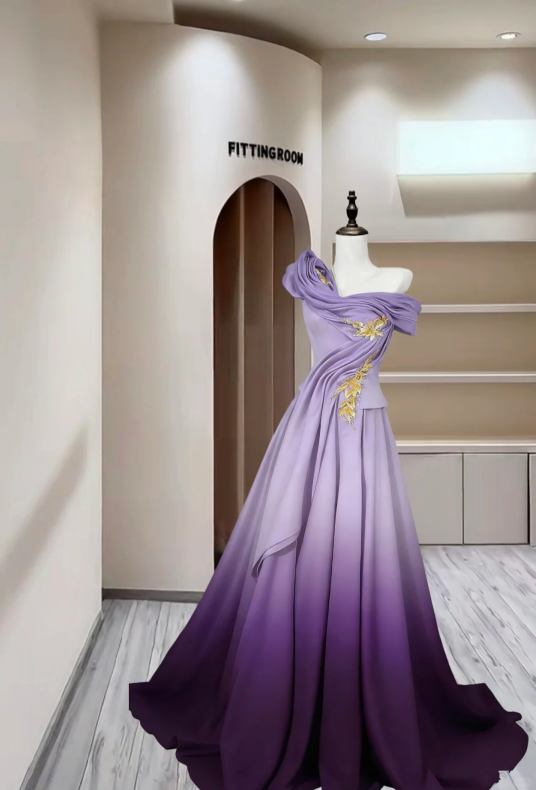 Charming Ombre Purple Satin Pleated Appliques Long Party Dress Evening Gown D2385