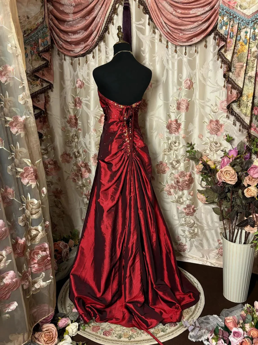 Pretty Burgundy Strapless Satin Beaded Mermaid Long Wedding Guest Dress Formal Birthday Party Dress Evening Gown D2014