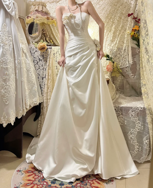 Pretty White Strapless Satin Pleated Appliques Mermaid Long Wedding Guest Dress Party Dress D21111