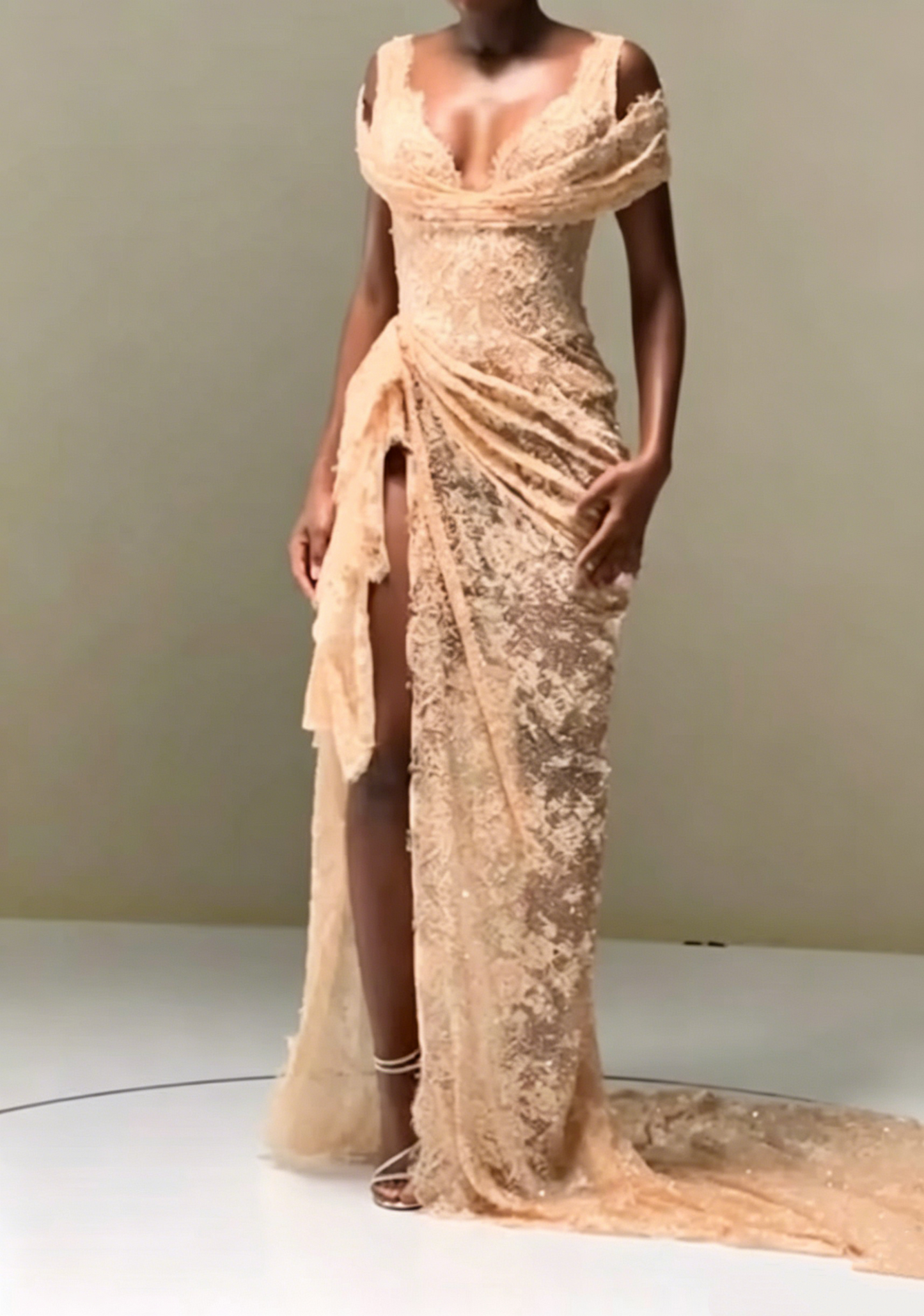 Sexy Champagne Nude Lace Mermaid Evening Dress,Off The Shoulder High Slit Long Prom Gown D2971