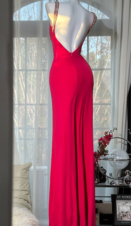 Pretty Spaghetti Straps Red V Neck Satin Beaded Mermaid Slit Evening Dress Long Party Gown D2292