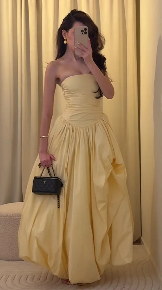 Elegant Yellow Aesthetic/Old Money Satin Pleated Long Birthday Prom Dress Strapless Long Evening Dresses D4859