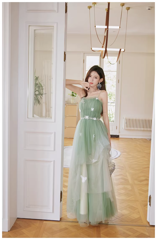 Fairy Green Tulle Sequin Butterfly Applique A Line Birthday Party Dress Evening Dress D2450