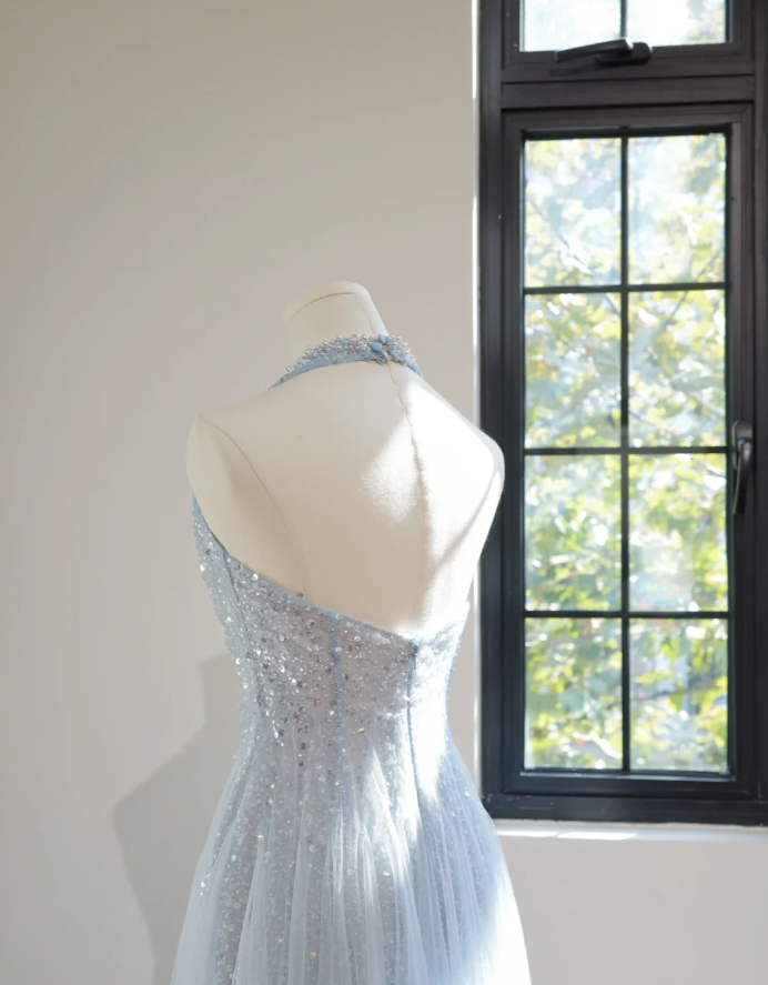 Fairy Halter V Neck Sky Blue Tulle Sequin Beaded A Line Long Prom Dress Party Gown D2146