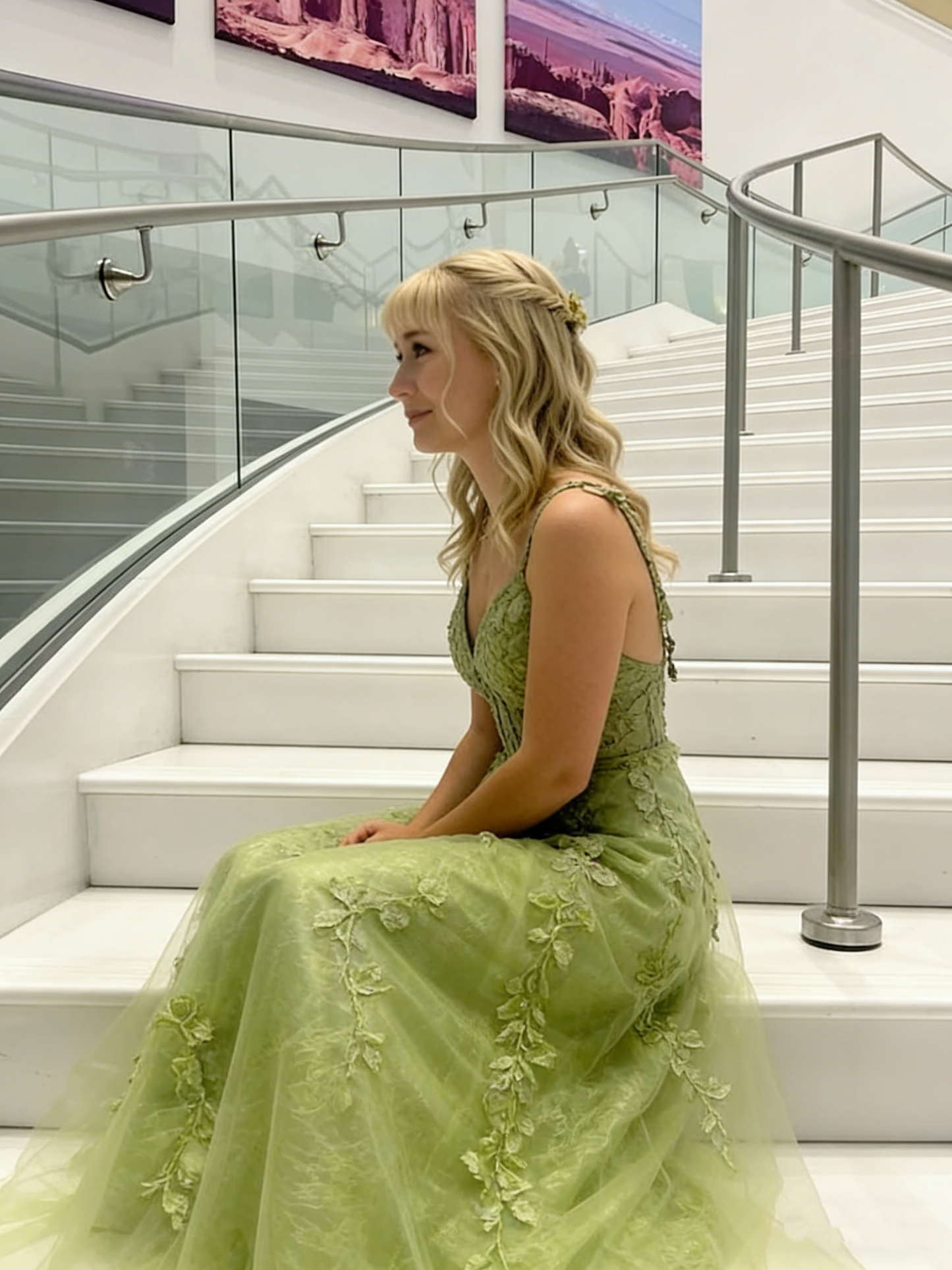 Classy Spaghetti Strap Green Tulle Appliques A Line Long Evening Dress Formal Birthday Evening Dress D1964