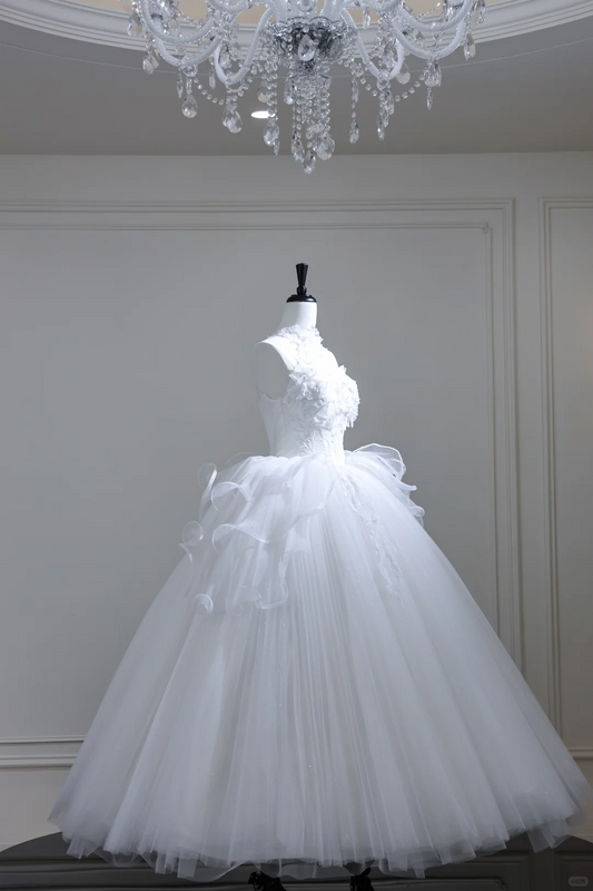 Charming Halter White Tulle Appliques Long Wedding Dress D3088
