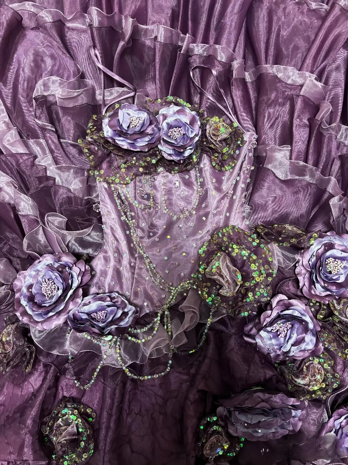 Vintage Strapless Ball Gown Purple Satin Tulle 3D Floral Quinceanera Dress Sweet 15 Dress D4501