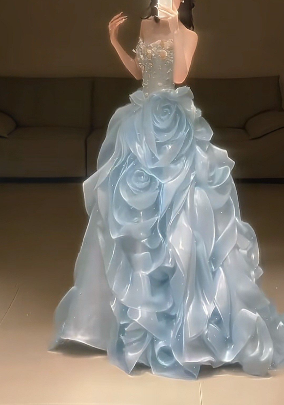 Glamorous Strapless Blue Organza Rose Flowers Princess Ball Gown Sweet 16 Dress With Appliques D1134