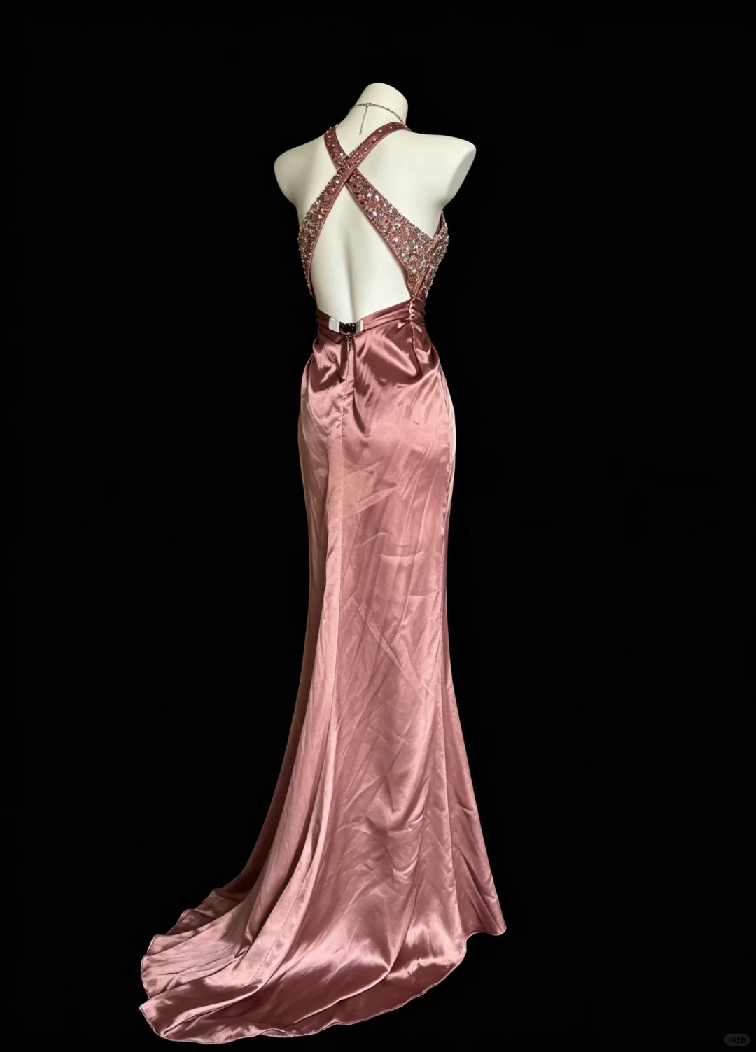 Pretty Dusty Rose Satin Beaded Mermaid Party Dress Halter Long Evening Dress D5214