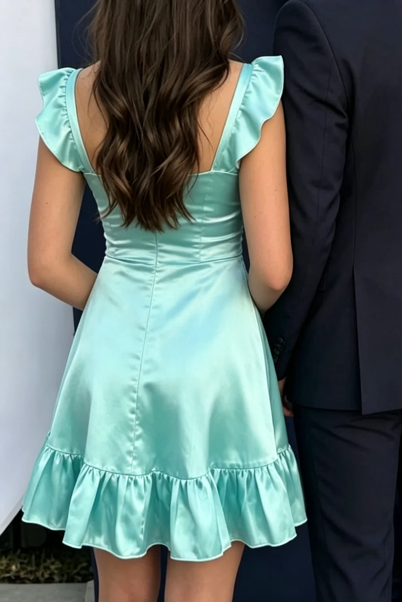 Elegant Green Ruffled Satin A-Line Short Party Dress,Mini Homecoming Dress D4249
