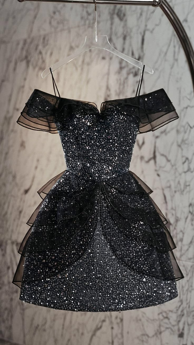 Shiny Black Off The Shoulder Sequin Tulle A Line Short Homecoming Dress Cocktail Dress D3993