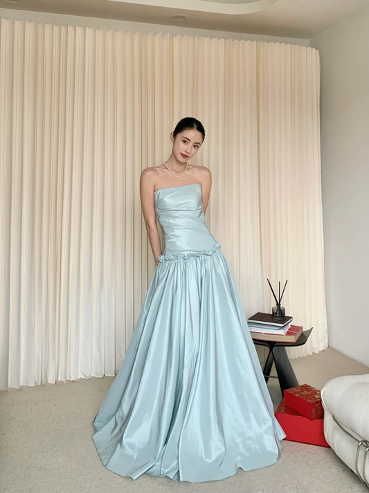 Classy Strapless Blue Satin Mermaid Long Wedding Guest Dress Formal Evening Dress Prom Gown D2483