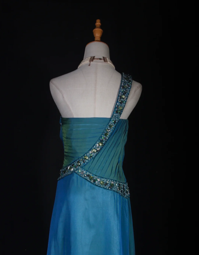 Unique Blue One Shoulder Satin Pleated Beaded Mermaid Prom Dress Long Birthday Evening Gowns D2289