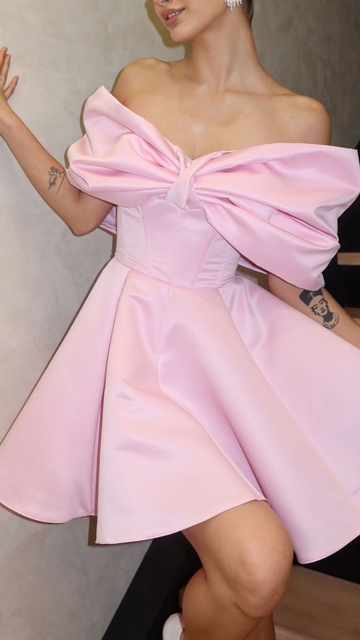 20th birthday dress Cute Pink Bow Off The Shoulder A Line Satin Short Outfit – SweetDress graduation dress Size:medium Mermaid Wedding Dress |