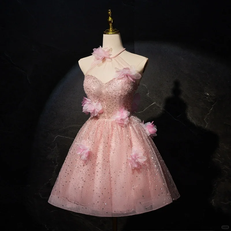 Shiny Halter Pink Tulle Sequin Flowers Short Homecoming Dress A Line 20th Birthday Outfits D593