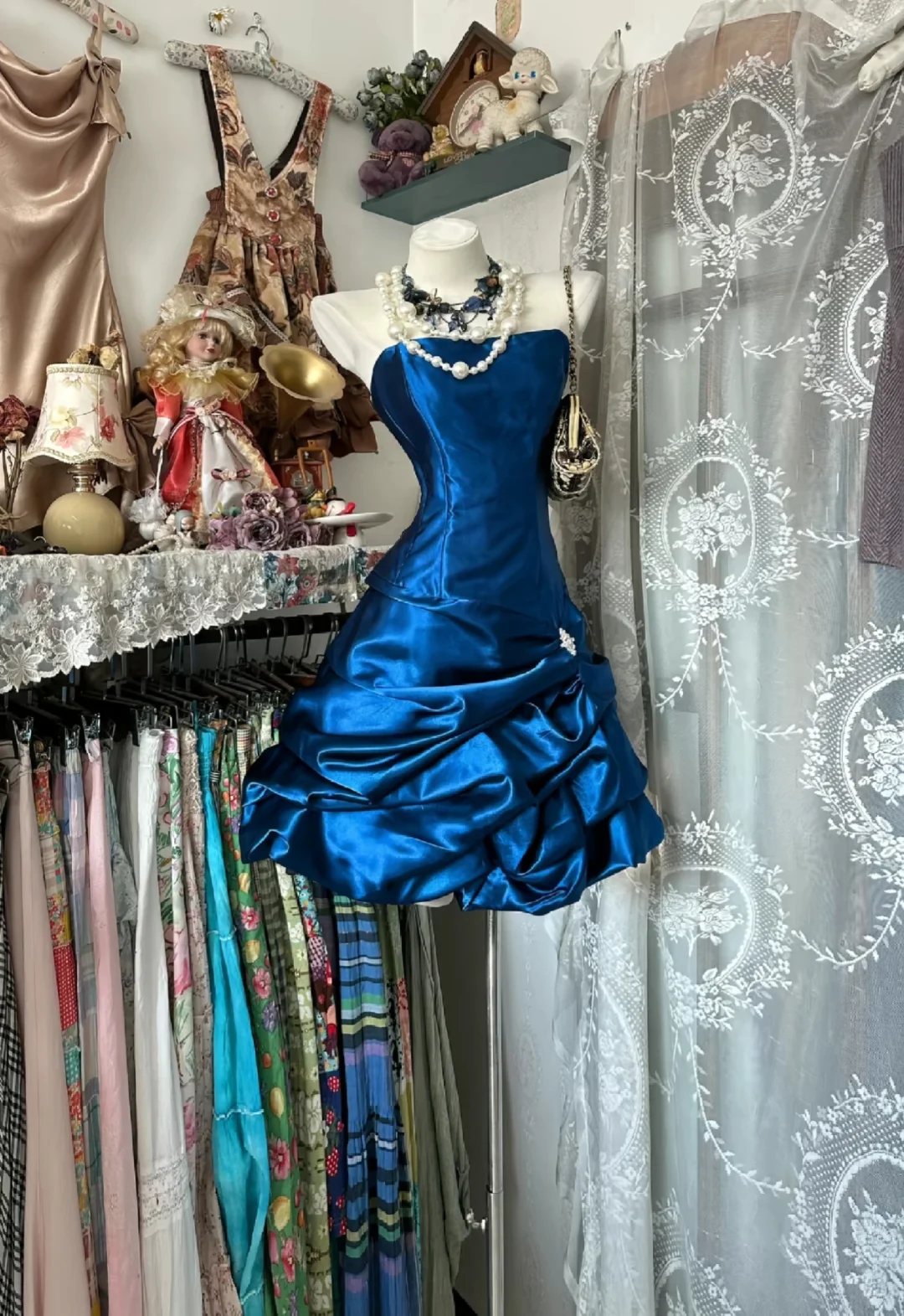 Vintage Strapless Satin Pleated Short Cocktail Dress,Blue Graduation Homecoming Dress D3017