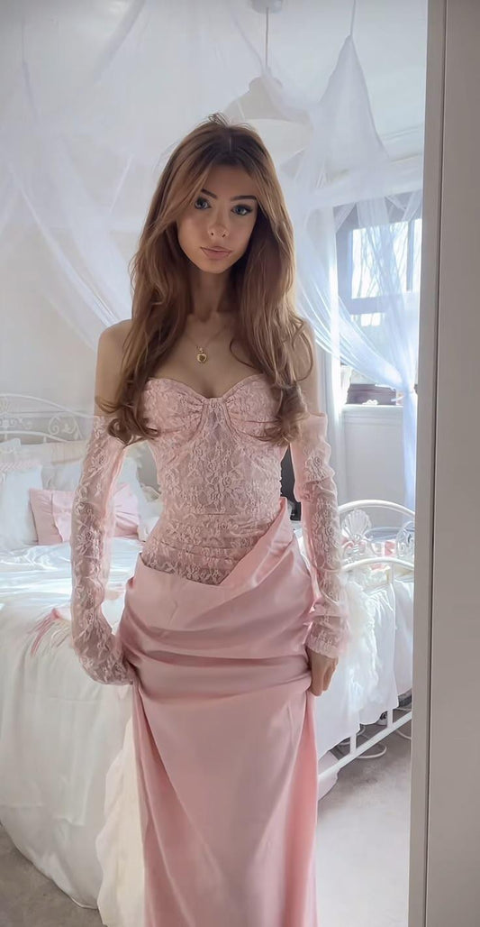 Elegant Pink Lace Satin Mermaid Long Party Dress Off The Shoulder Long Evening Dress D4401