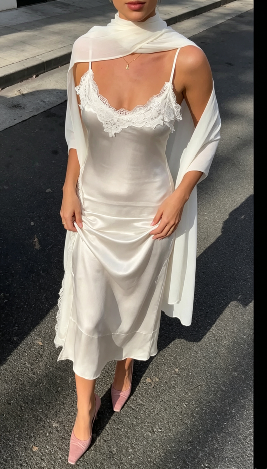 Classy White Spaghetti Strap Lace Satin Long Party Dress Evening Gown With Scarf D3439