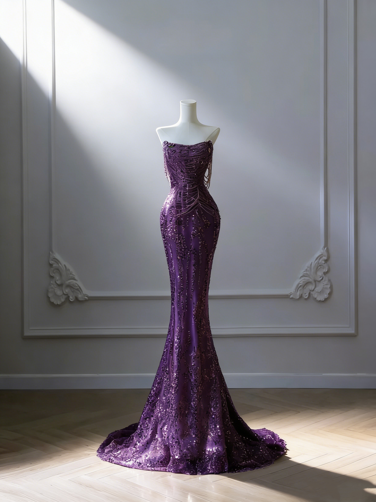 Pretty Mermaid Strapless Gold Sequin Beads Long Prom Dresses Formal Evening Dress SD2342