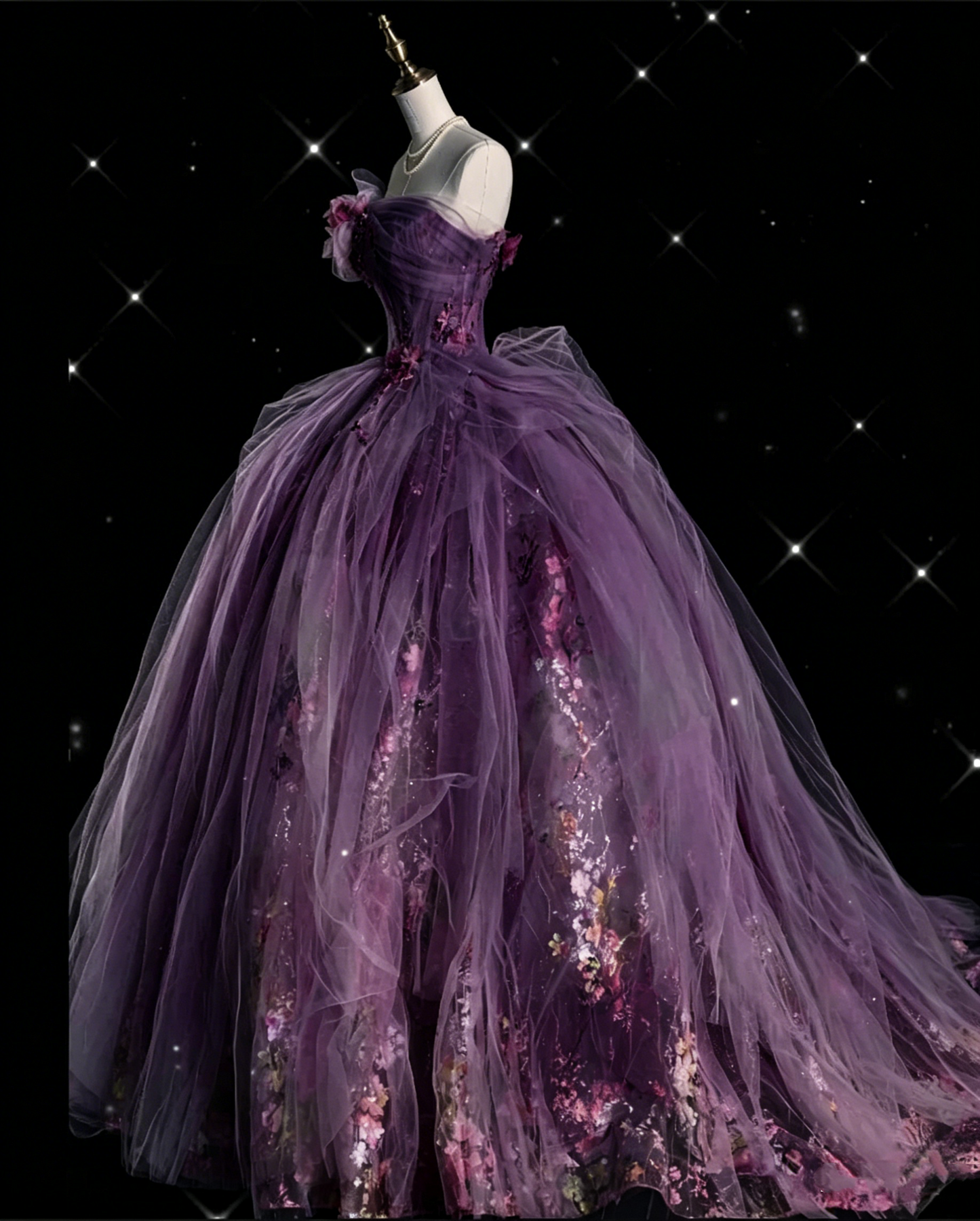 Classy Ball Gown Sweetheart Pink Floral Tulle Long Evening Dress Prom Dresses SD2525