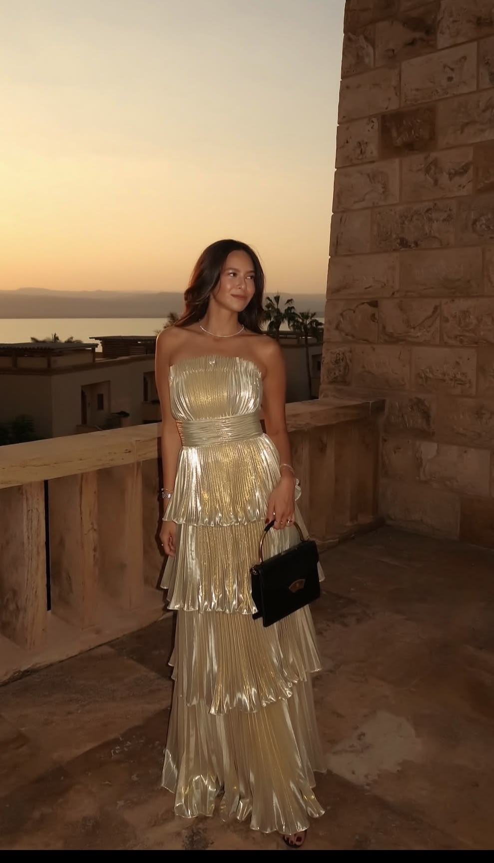 Gorgeous Gold Satin Pleated Layered Long Party Dress Strapless Evening Dress D5034