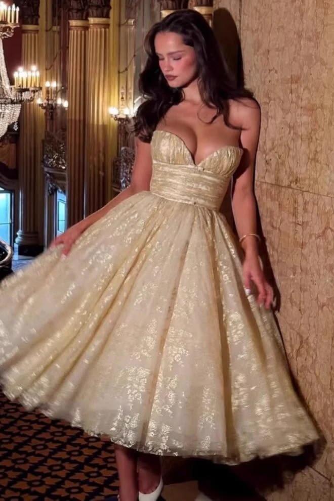 Gorgeous Sweetheart Neck Tulle Floral A Line Long Party Dress Gold Long Evening Dresses D4297