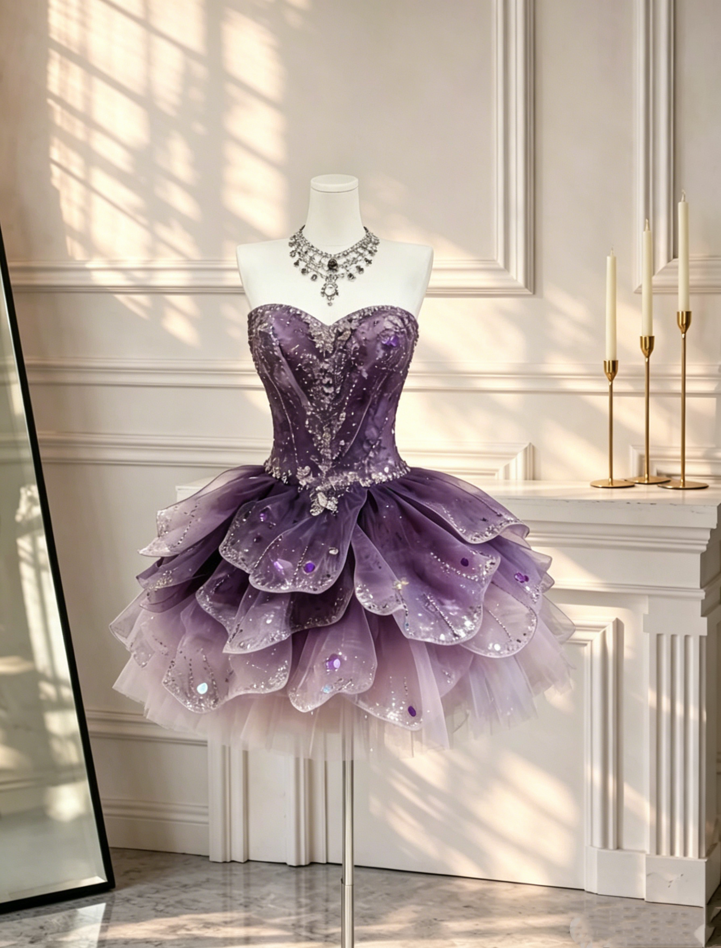Unique Strapless A Line Mini Cocktail Dress Ombre Purple Beaded Tulle Petals Layered Short 6th Grade Homecoming Dress D2687