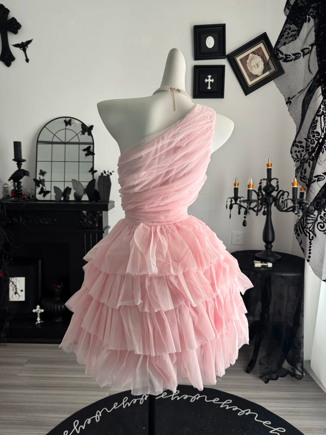 Charming One Shoulder Chiffon Pleated A Line Layered Birthday Outfits,Pink Graduation Homecoming Dress D3720