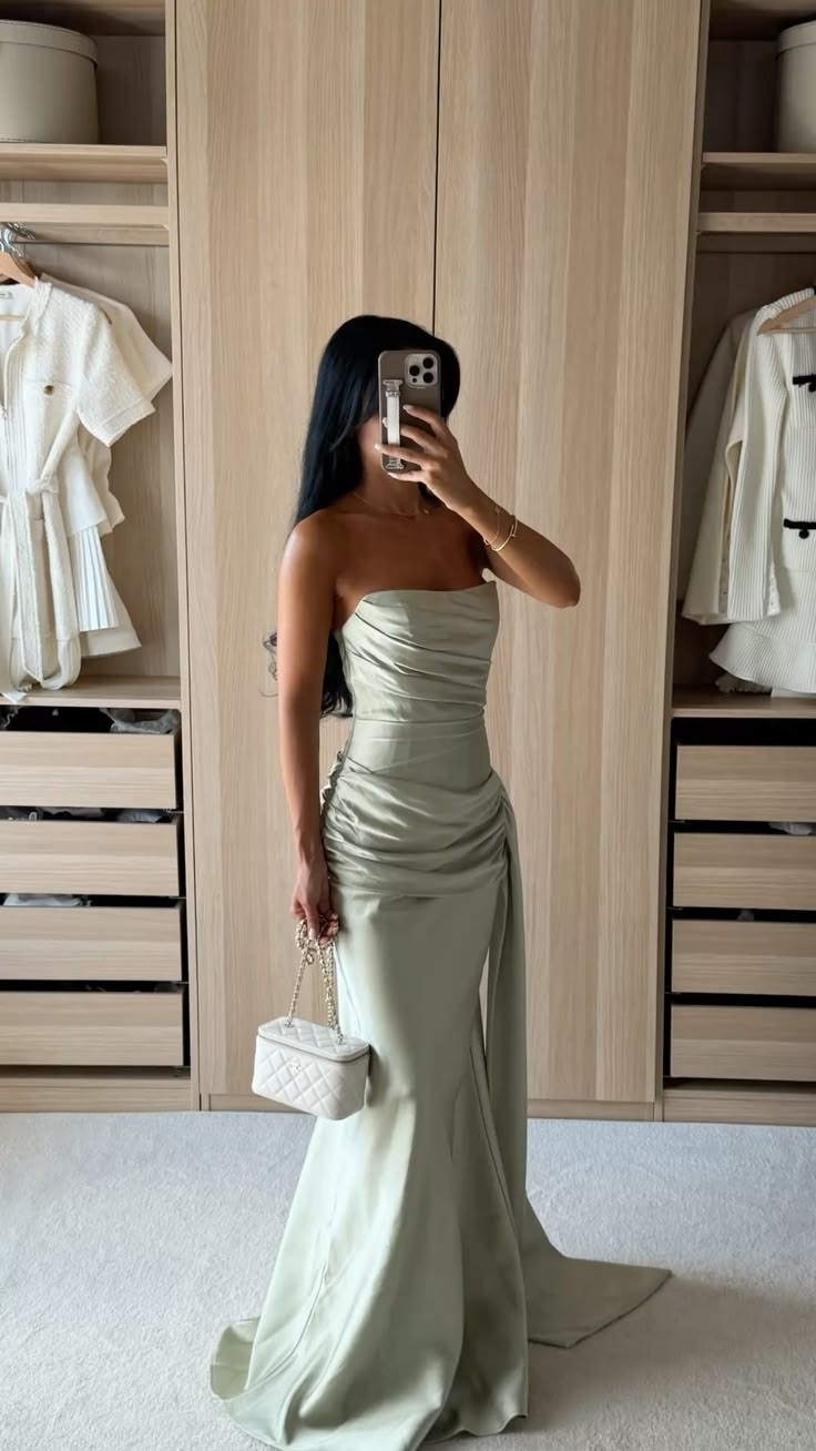 Classy Strapless Sage Green Satin Pleated Mermaid Long Birthday Prom Dress Evening Gown D4793