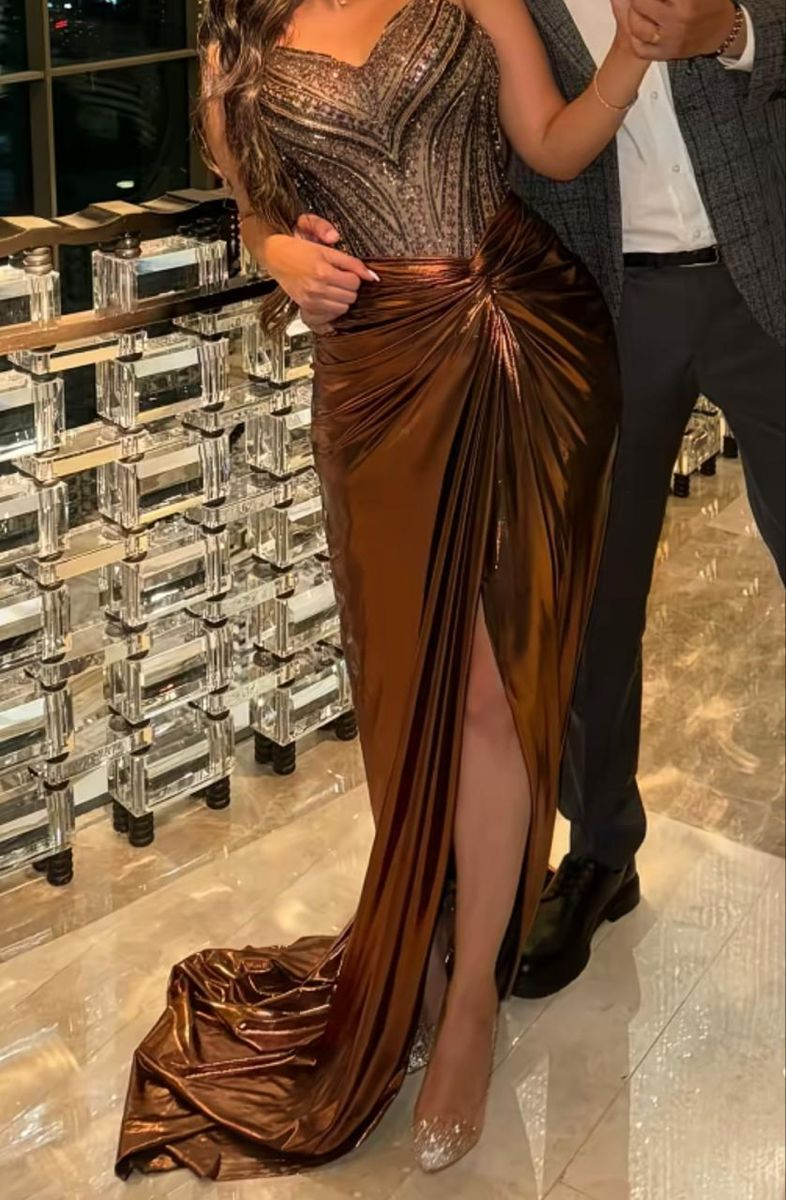 Vintage Brown Satin Pleated Beaded Slit Mermaid Long Party Dress Prom Dresses D4940