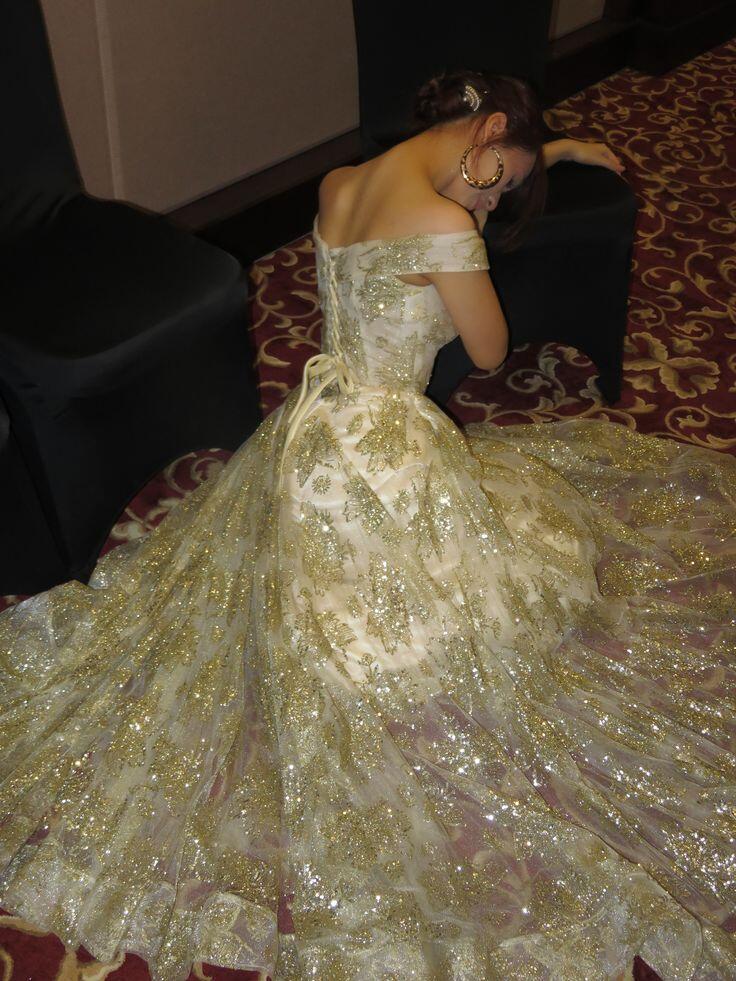 Sparkly Off The Shoulder Tulle Sequin Long Party Dress,Gold Birthday Evening Gown D3816