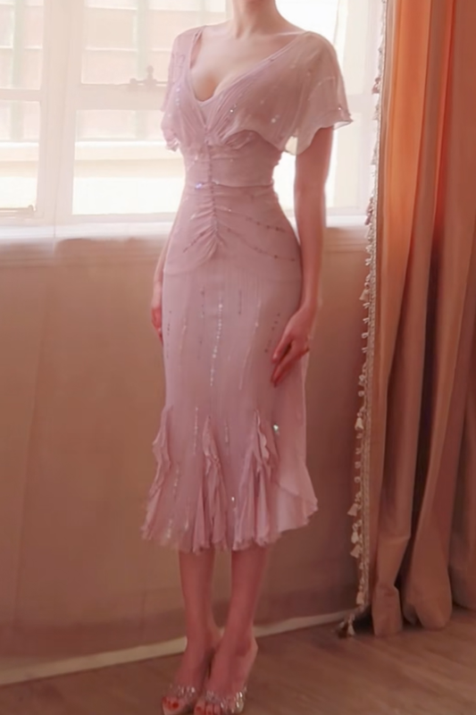 Sexy V Neck Lilac Chiffon Sequin Ruffles Prom Dress Formal Wedding Guest Dress D2778