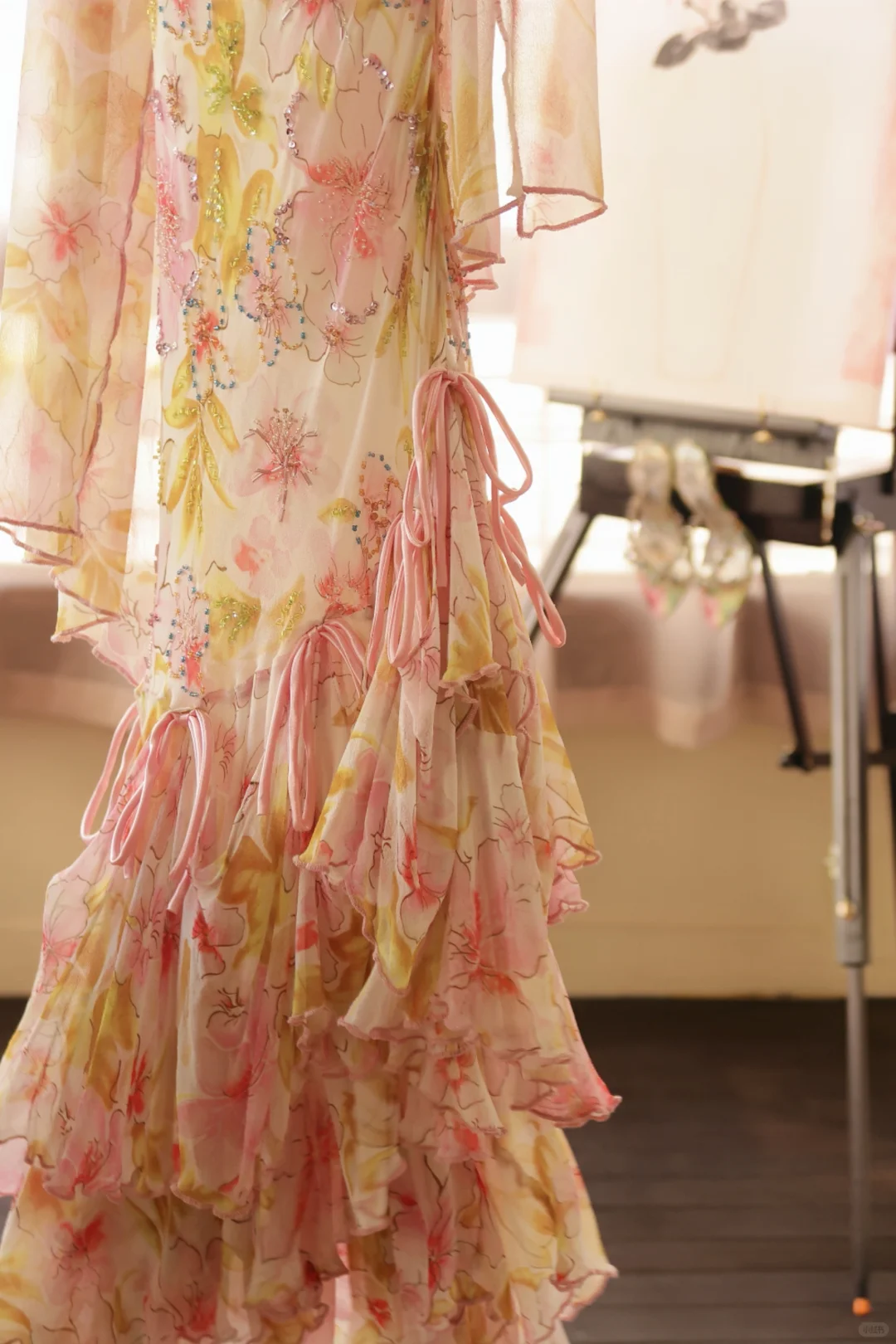 Pretty Pink Chiffon Print Floral Ruffles Mermaid Evening Dress Long Birthday Dress With Wrap D2769