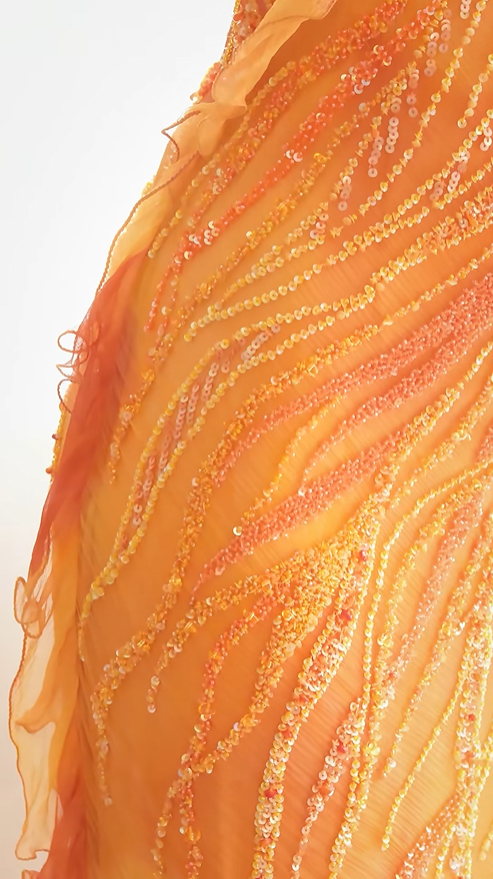 Glamorous Spaghetti Straps Orange Chiffon Ruffle Beaded Mermaid Long Prom Dress Party Gown D2895