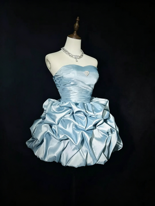 Elegant Blue Satin Pleated A Line Short Homecoming Dress,Strapless Mini Birthday Dress D3357